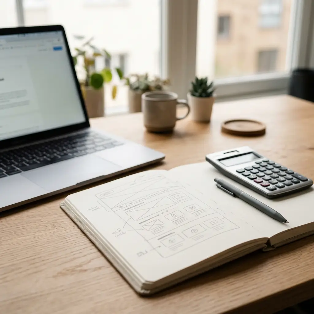 Escritorio con bocetos de la estructura de una web, una calculadora y un portátil
