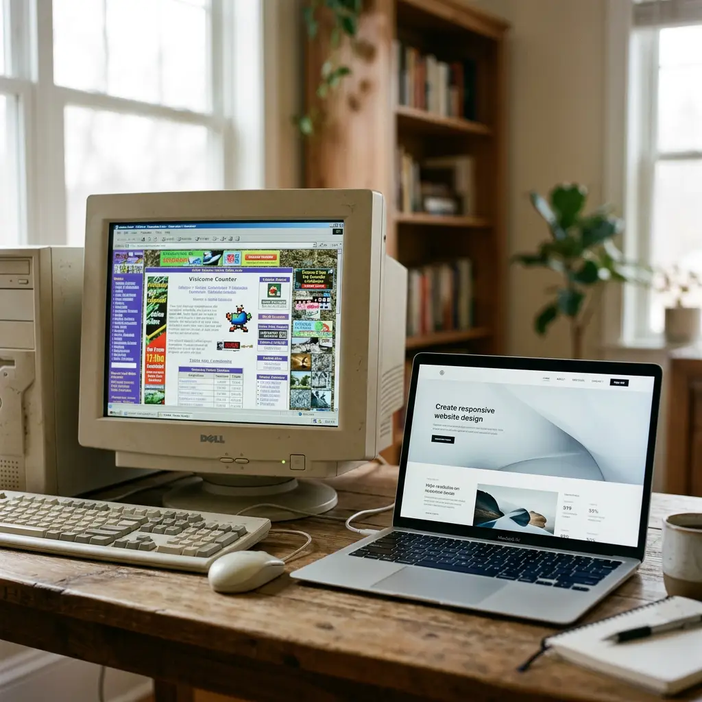 Ordenador antiguo con una web desfasada junto a un portátil con un diseño web moderno