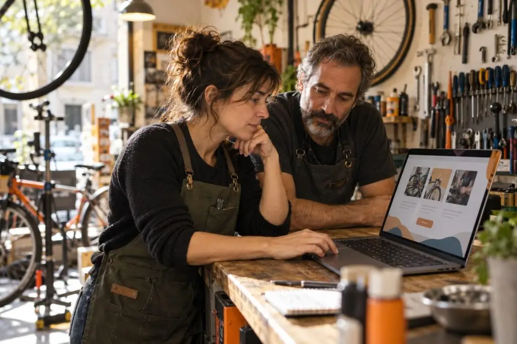 Dos responsables de un taller de bicicletas revisan su página web en un portátil