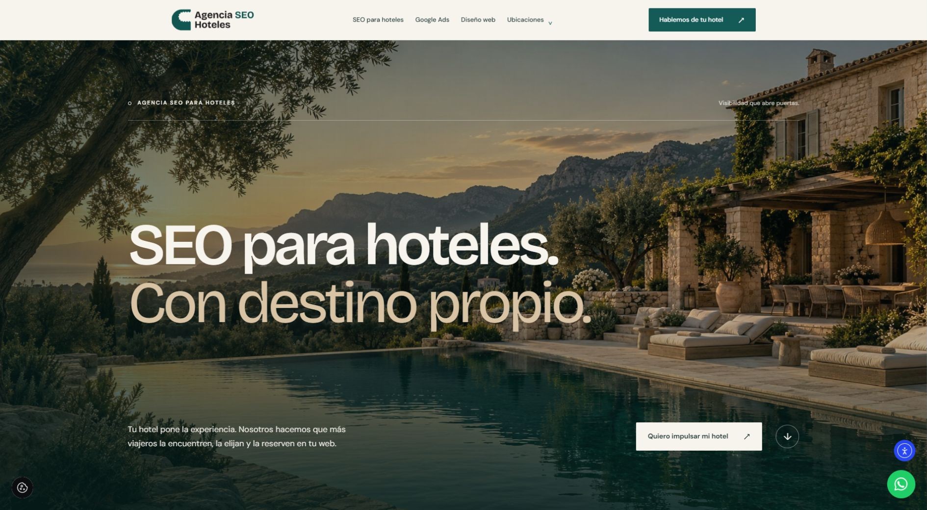 Menú y hero de Agencia SEO Hoteles, proyecto de captación de Marc Sabina para CroCoWorks