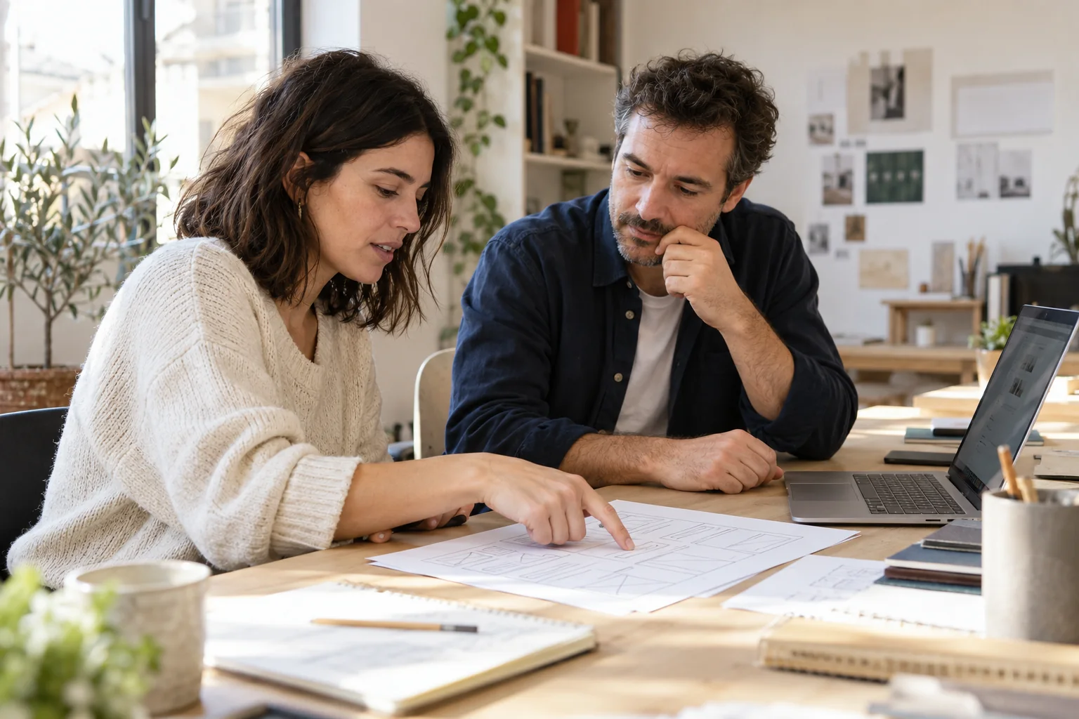 Dos profesionales revisan la estructura de una web sobre papel