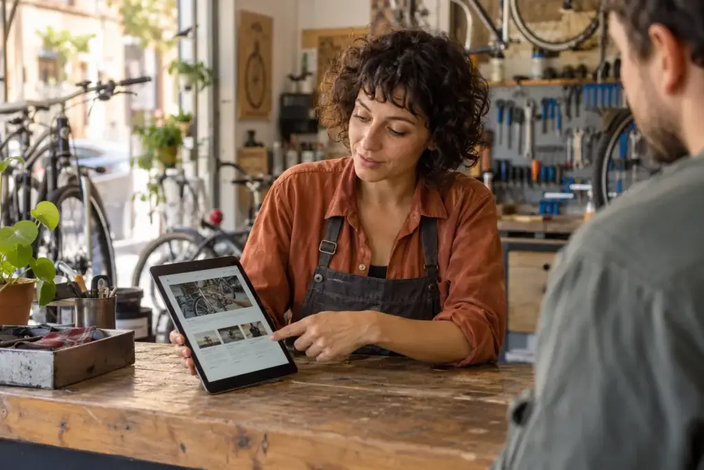 Una responsable de un taller de bicicletas muestra su página de servicios en una tableta